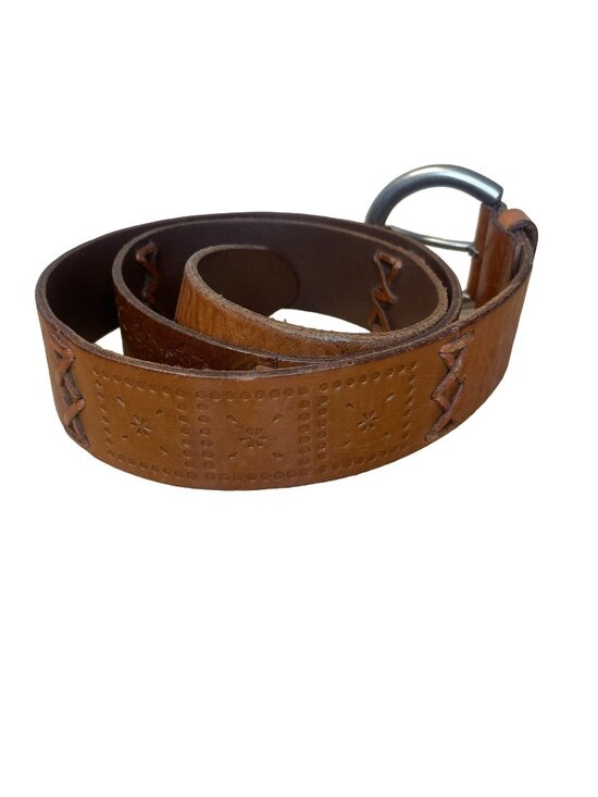 Fossil Whipstitch Tooled Leather Belt Women M Brown Boho Hippie main image 9